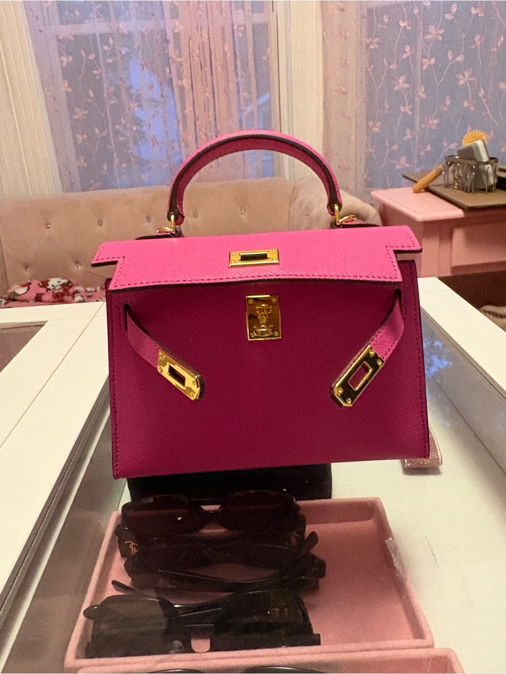 Structured Hot Pink Mini Top-Handle Bag with Gold Hardware